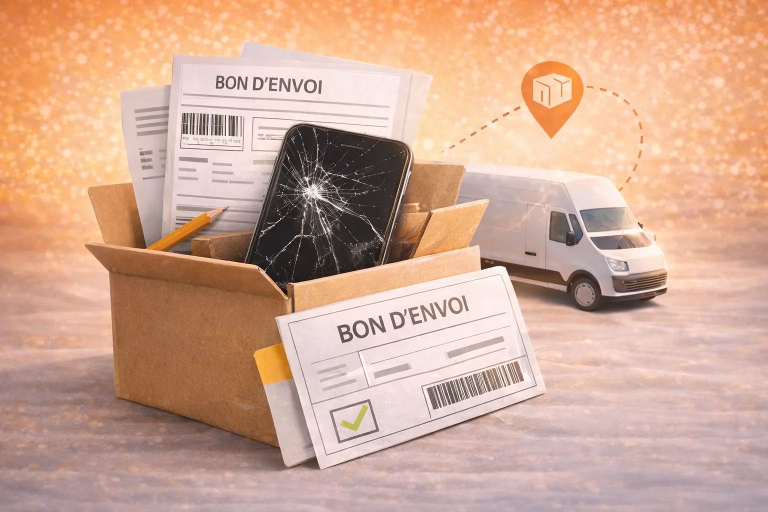 Un colis ouvert avec un smartphone à l'écran cassé et son bon d'envoi