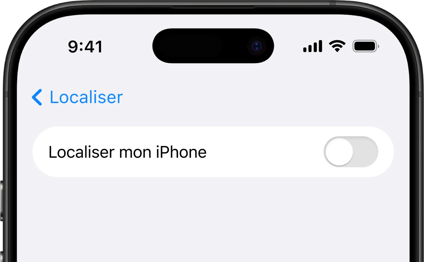 Capture d'écran des réglages iPhone : l'option Localiser mon iPhone, à désactiver avant la reprise