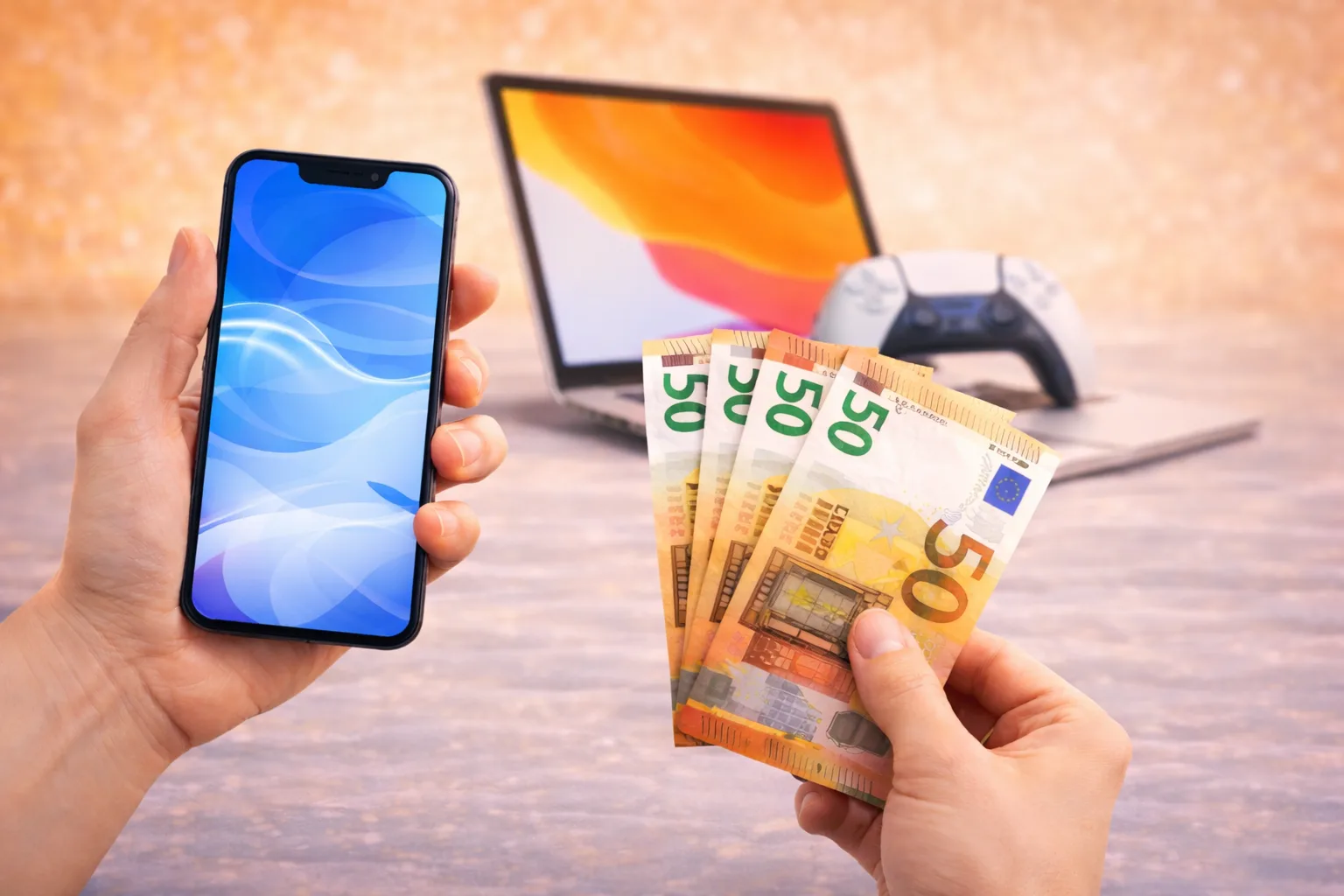 Un smartphone dans une main, des billets dans l'autre : la reprise d'un appareil