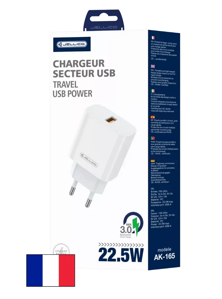 Adaptateur secteur USB-A (22.5W) JELLICO AK165 Blanc